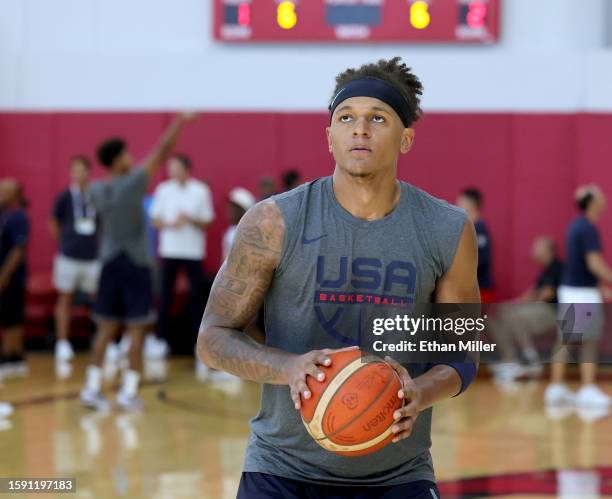 Paolo Banchero of the 2023 USA Basketball Men’s National Team shoots at a practice session during the team's training camp at the Mendenhall Center...