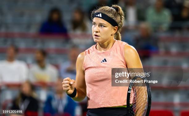 Karolina Muchova of the Czech Republic in action against Iga Swiatek of Poland in the third round on Day 4 of the National Bank Open Montréal at...