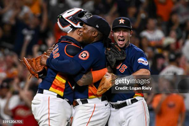 Framber Valdez celebrates with Martin Maldonado and Alex Bregman of the Houston Astros after pitching a no-hitter against the Cleveland Guardians at...