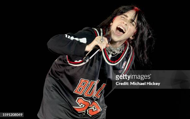 Billie Eilish performs onstage during Lollapalooza at Grant Park on August 03, 2023 in Chicago, Illinois.