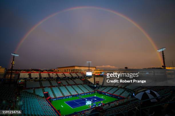General view of center court during a rain delay featuring a rainbow appearing over the stadium on Day 4 of the National Bank Open Montréal at Stade...