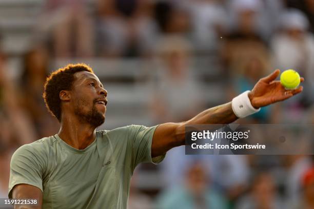 Gael Monfils of France serves during his third round match of the National Bank Open, part of the Hologic ATP Tour, at Sobeys Stadium on August 10,...