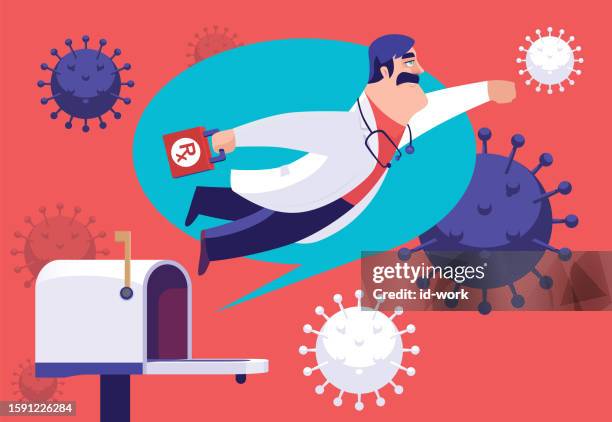 doctor coming out from mailbox and hitting virus - violence prevention stock illustrations