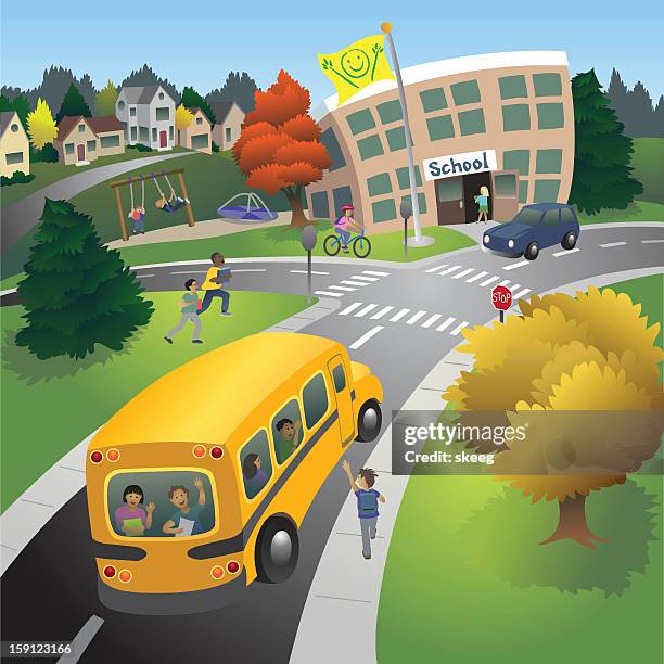 stockillustraties, clipart, cartoons en iconen met school time - bus stop