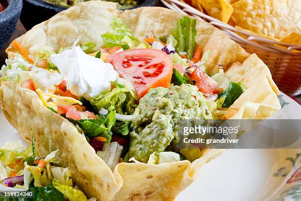 mexican tostada salad - sour cream stock pictures, royalty-free photos & images