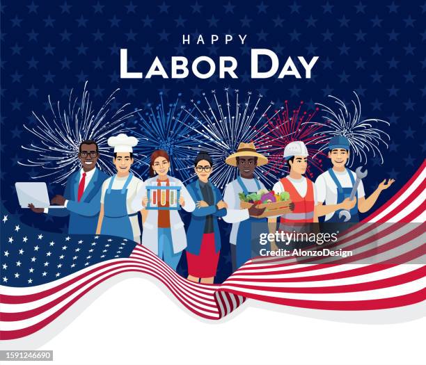 happy labor day poster with a group of workers. happy labor day banner. - 勞動節 北美假日 幅插畫檔、美工圖案、卡通及圖標