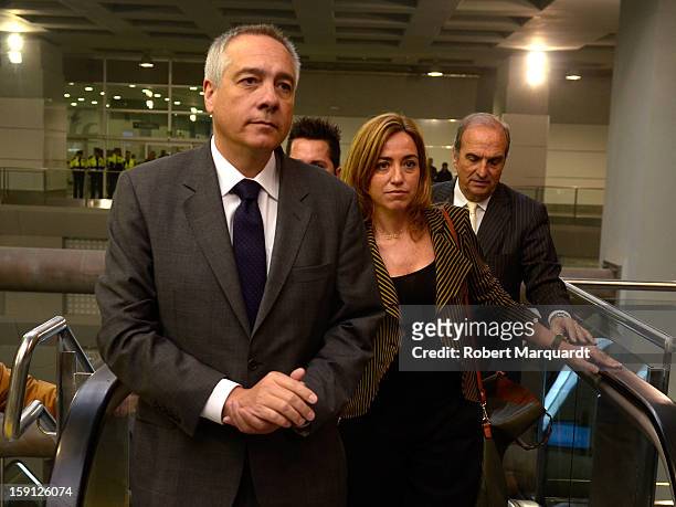 Pere Navarro and Carme Chacon arrive at the Girona train station for the inauguration of the AVE high-speed train line between Barcelona and the...