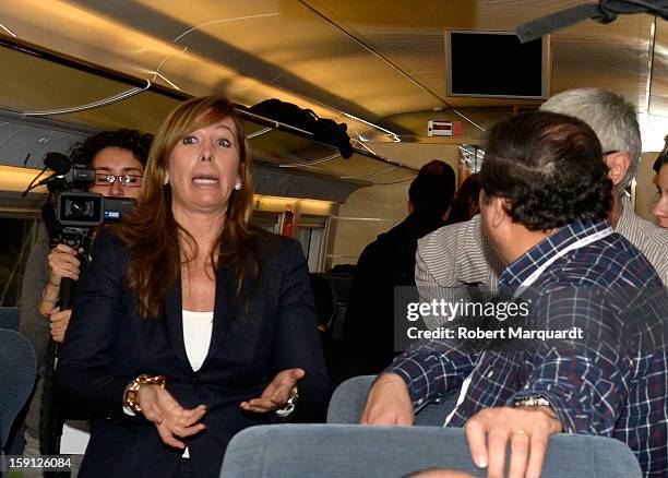 Popular Party leader of the Catalonia region Alicia Sanchez Camacho rides the AVE train for the inauguration of the AVE high-speed train line between...