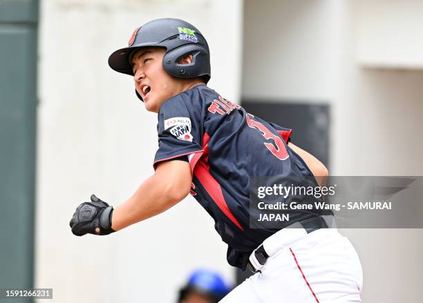 Tachibana Renji of Team Japan hits a two-run home run in the top of the fifth inning during the WBSC U-12 Baseball World Cup Super Round game between...