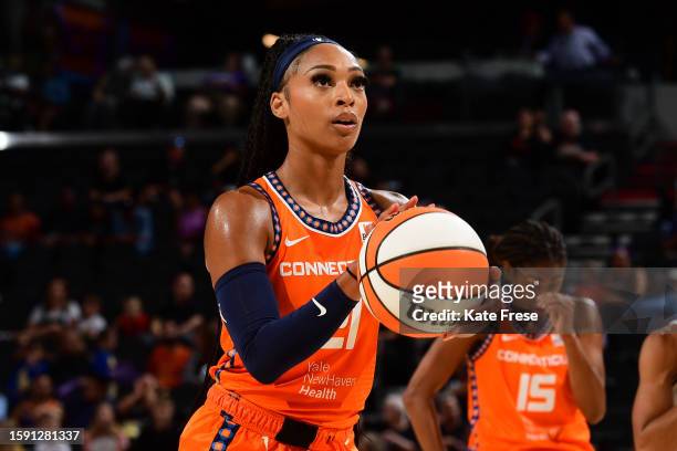 DiJonai Carrington of the Connecticut Sun shoots a free throw during the game against the Phoenix Mercury on August 10, 2023 at Footprint Center in...