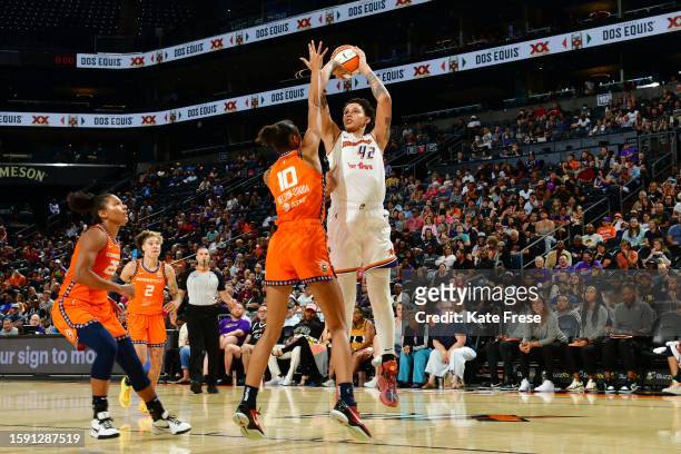 Brittney Griner of the Phoenix Mercury shoots the ball during the game against the Connecticut Sun on August 10, 2023 at Footprint Center in Phoenix,...