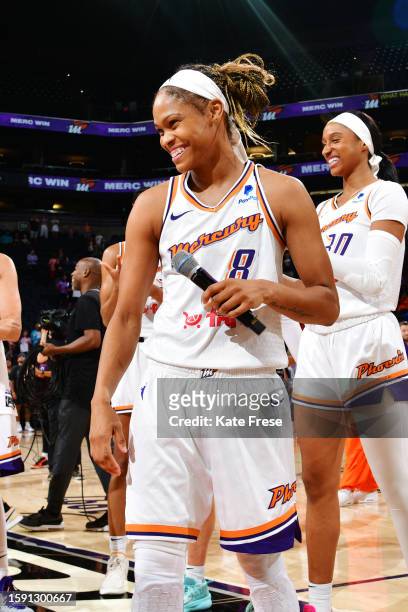 Moriah Jefferson of the Phoenix Mercury speaks to the media after the game against the Connecticut Sun on August 10, 2023 at Footprint Center in...