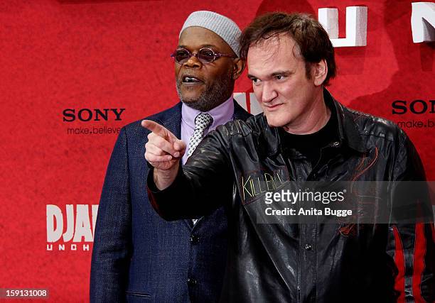 Actor Samuel L. Jackson and director Quentin Tarantino attend the 'Django Unchained' Berlin Premiere at Cinemaxx on January 8, 2013 in Berlin,...