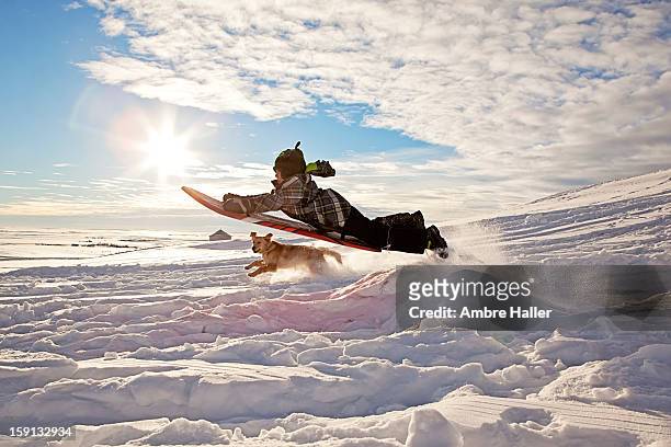 flying high on a sled - fun snow stockfoto's en -beelden