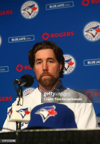 Dickey of the Toronto Blue Jays is introduced at a press conference at Rogers Centre on January 8, 2013 in Toronto, Ontario, Canada.