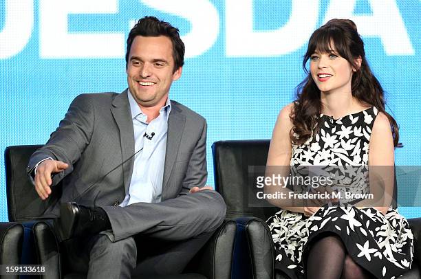 Comedians Jake Johnson and Zooey Deschanel of "New Girl" speak onstage during the FOX portion of the 2013 Winter TCA Tour at Langham Hotel on January...