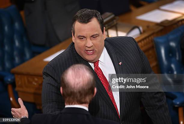 New Jersey Governor Chris Christie greets state legislators before his State of the State Address on January 8, 2013 in Trenton, New Jersey. The...