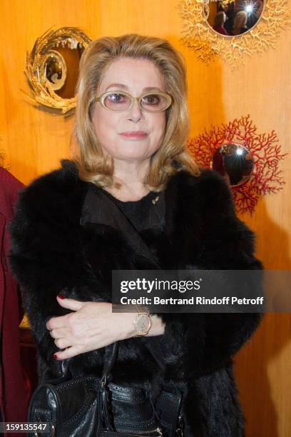 Actress Catherine Deneuve attends the 'Sorcieres' exhibition preview at Galerie Pierre Passebon on January 8, 2013 in Paris, France.
