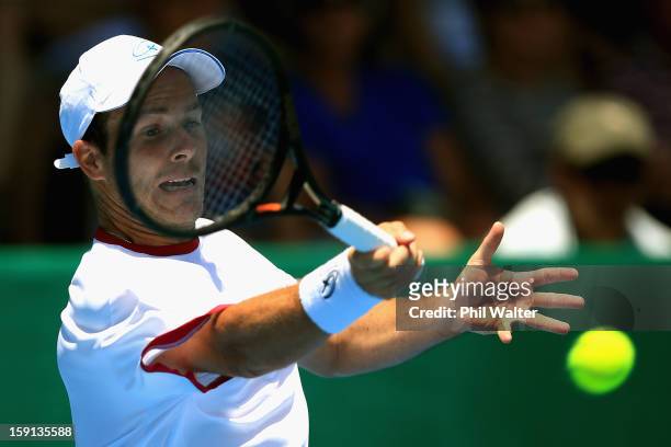 Olivier Rochus of Belguim plays a forehand in his second round match against Sam Querrey of the USA during day three of the Heineken Open at the ASB...