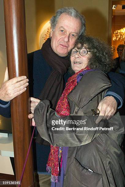 Valerie Lalonde and interior decorator Jacques Grange attend the 'Sorcieres' exhibition preview at Galerie Pierre Passebon on January 8, 2013 in...