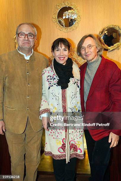 Philippe Rapin, Sylvie de Chiree and gallery owner Pierre Passebon attend the 'Sorcieres' exhibition preview at Galerie Pierre Passebon on January 8,...