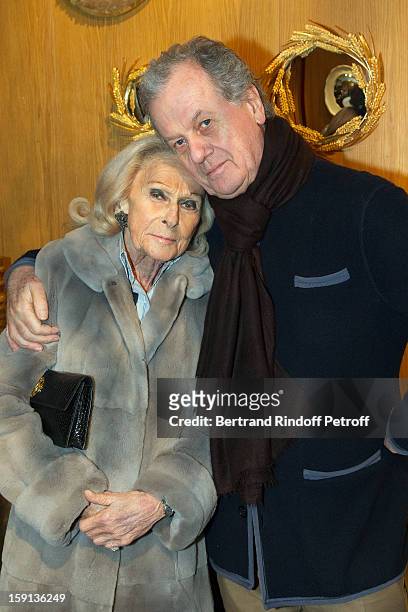 Micheline Mauss and interior decorator Jacques Grange attend the 'Sorcieres' exhibition preview at Galerie Pierre Passebon on January 8, 2013 in...
