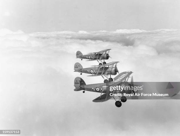 Gloster Gauntlet Is of 19 Squadron, in formation flight, practising for Royal Review, Duxford, 1935.