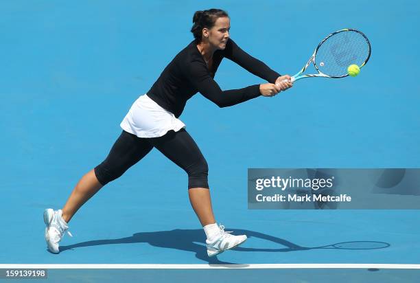 Jarmila Gajdosova of Australia plays a backhand in her second round match against Olga Govortsova of Belarus during day five of the Hobart...