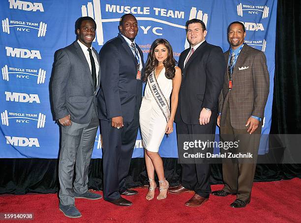Prince Amukamara, Kevin Boothe, Olivia Culpo, Chris Snee and Michael Boley attend the 16th Annual MDA Muscle Team Gala and Benefit Auction at Pier 60...