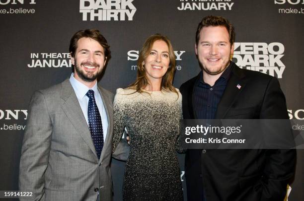 Mark Boal, Kathryn Bigelow and Chris Pratt pose for photos at the Newseum during the "Zero Dark Thirty" Washington D.C. Premiere on January 8, 2013...