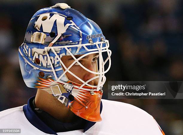 Kevin Poulin of the Bridgeport Sound Tigers looks on during an American Hockey League against the Hershey Bears on January 8, 2013 at the Webster...