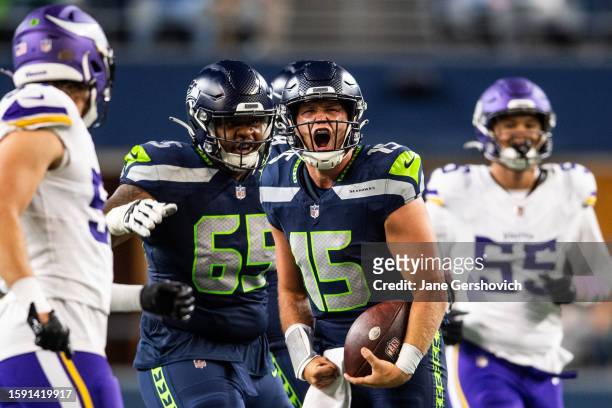 Holton Ahlers of the Seattle Seahawks celebrates during the fourth quarter of the preseason game against the Minnesota Vikings at Lumen Field on...