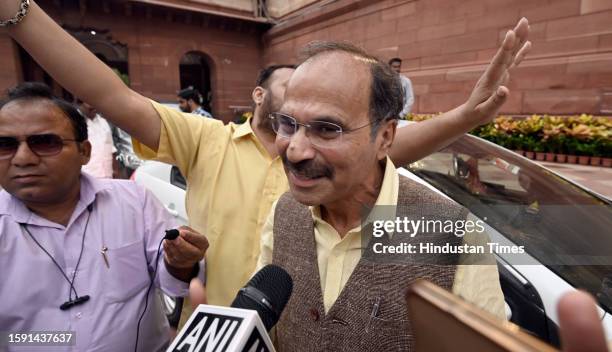 Leader of Congress in Lok Sabha Adhir Ranjan Chowdhury speaks to the media on Prime Minister Narendra Modi's reply to the No Confidence Motion in the...