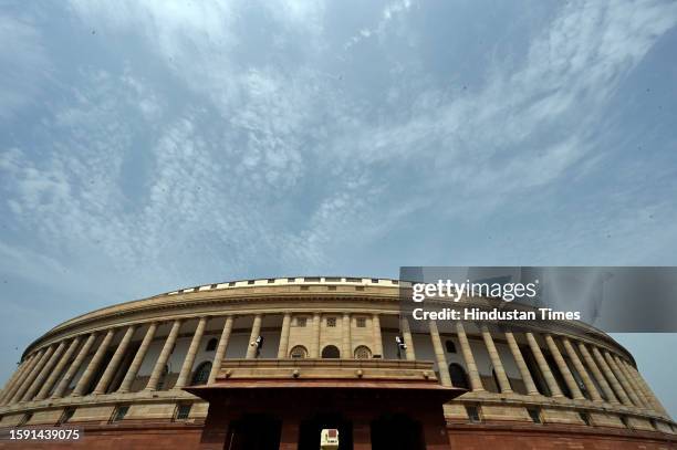 Clouds hover over the Parliament building during Monsoon session on August 10, 2023 in New Delhi, India.