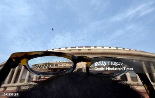 Clouds hover over the Parliament building during Monsoon session on August 10, 2023 in New Delhi, India.