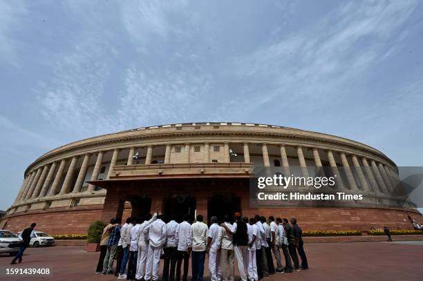 Visitors at the Parliament building during Monsoon session on August 10, 2023 in New Delhi, India.