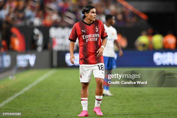 Luka Romero of AC Milan looks on during a preseason friendly match against FC Barcelona during the 2023 Soccer Champions Tour at Allegiant Stadium on...