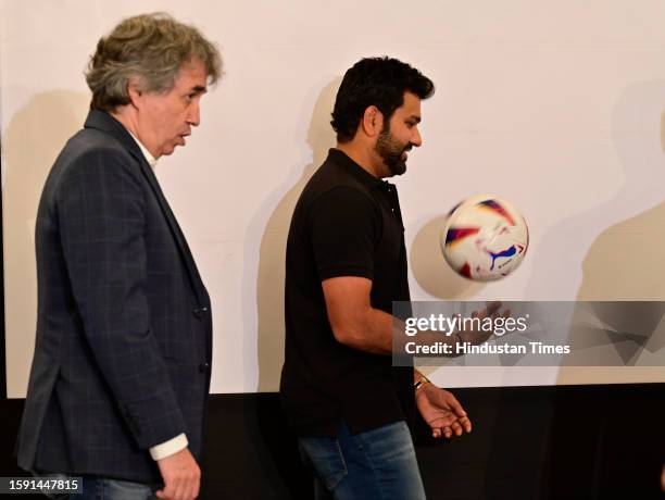 Indian cricket team captain and LALIGA ambassador Rohit Sharma along with Cachaza, MD, Laliga, speaks during announcement of new brand identity and...