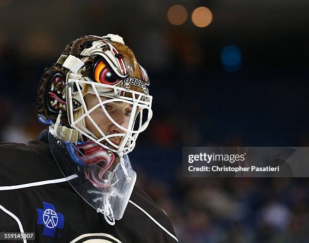 Dany Sabourin of the Hershey Bears looks on during an American Hockey League game against the Bridgeport Sound Tigers on January 8, 2013 at the...