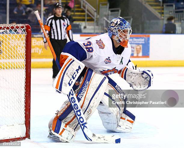 Kevin Poulin of the Bridgeport Sound Tigers looks on during an American Hockey League against the Hershey Bears on January 8, 2013 at the Webster...