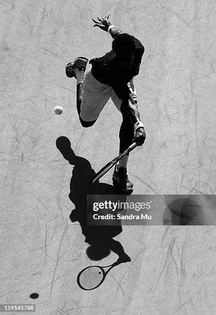 Gael Monfils of France plays a backhand in his second round match against Greg Jones of Australia during day three of the Heineken Open at ASB Tennis...