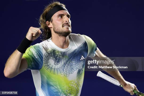 Stefanos Tsitsipas of Greece celebrates winning the second set against Nicolas Jarry of Chile during the Mifel Tennis Open by Telcel Oppo at Cabo...