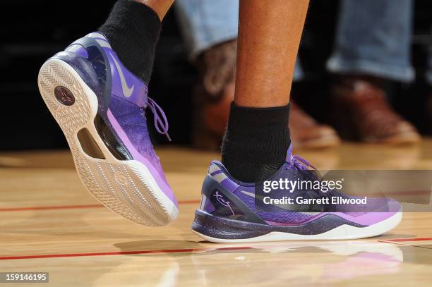 Kobe Bryant of the Los Angeles Lakers wears his new shoes against the Houston Rockets on January 8, 2013 at the Toyota Center in Houston, Texas. NOTE...