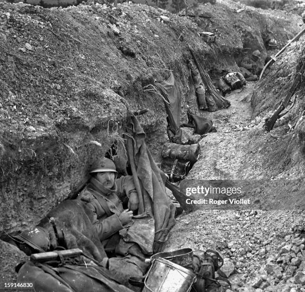 World War One, Battle of Verdun. French trench on the front lines, 1916.