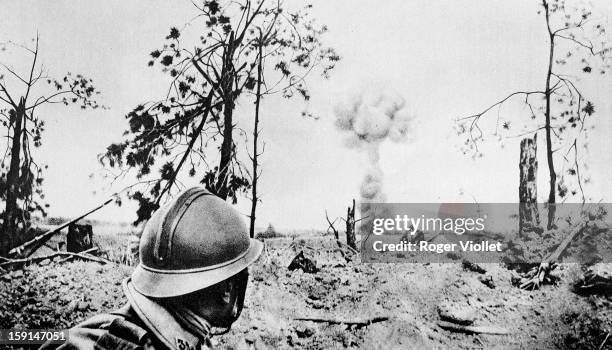 War 1914-1918. Battle of Champagne. Explosion of a French mine during the attack of the Navarin Farm, on the road of Souain to Somme-Py . September...