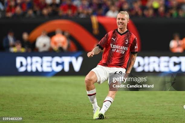 Simon Kjaer of AC Milan looks on during a preseason friendly match against FC Barcelona during the 2023 Soccer Champions Tour at Allegiant Stadium on...