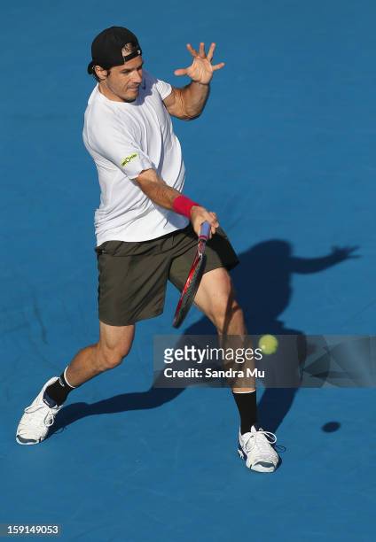 Tommy Haas of Germany plays a forehand in his second round match against Igor Sijsling of Netherlands during day three of the Heineken Open at ASB...