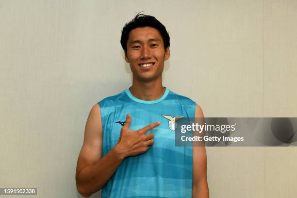 New signing Daichi Kamada of SS Lazio poses during medical tests at the Paideia International Hospital on August 04, 2023 in Rome, Italy.