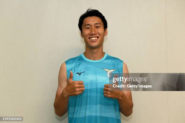 New signing Daichi Kamada of SS Lazio poses during medical tests at the Paideia International Hospital on August 04, 2023 in Rome, Italy.