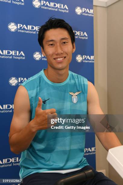 New signing Daichi Kamada of SS Lazio poses during medical tests at the Paideia International Hospital on August 04, 2023 in Rome, Italy.